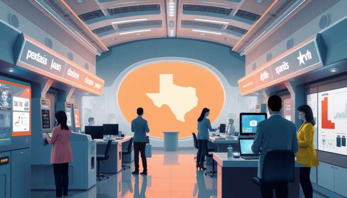 Futuristic payday loan office in Texas featuring advanced technology, automated kiosks, and diverse clients using virtual assistants in a modern architectural setting.