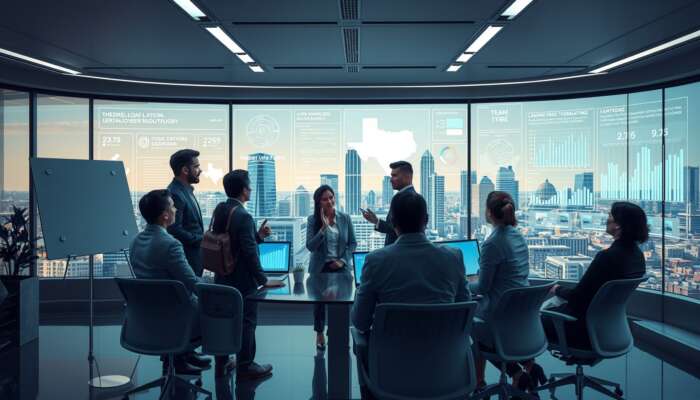 Diverse professionals in a futuristic lending office discuss advanced technology solutions with digital displays of loan terms and compliance metrics against a modern Texas skyline.