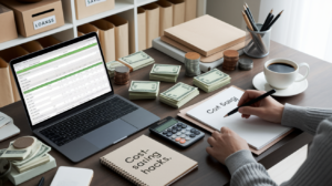 A person writes "Cost Saving" in a notebook at a desk with a laptop displaying a spreadsheet, calculator, coffee cup, cash, coins, and folders labeled "LOANS," "COST-SAVING HACKS," and "Smart Borrowing.