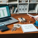 A person sits at a desk with a laptop showing a spreadsheet, calculator, cash, coins, coffee, and a notebook labeled "Cost-Saving Hacks," reflecting smart borrowing tips. Labeled folders line the shelves in the background.