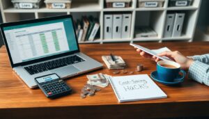 A person sits at a desk with a laptop showing a spreadsheet, calculator, cash, coins, coffee, and a notebook labeled "Cost-Saving Hacks," reflecting smart borrowing tips. Labeled folders line the shelves in the background.