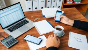A person sits at a desk with a laptop displaying a spreadsheet, smartphone, calculator, notepads labeled "Cost-Saving Expenses," a cup of coffee, and coins, appearing to work on financial tasks while exploring cost-saving hacks.