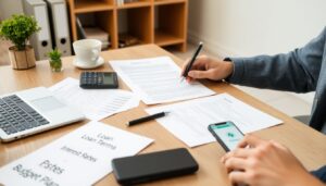 A person sits at a desk with documents, a calculator, a pen, and papers labeled “Loan Terms,” “Interest Rates,” and “Budget Plan,” seeking payday loan advice while writing notes and checking their smartphone for helpful tips.