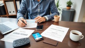 A person sits at a desk with documents labeled “Loan Terms” and “Payday Loan,” a calculator, smartphone, wallet, laptop, coffee cup, and small potted plants. The person is writing on or reviewing these essential papers.