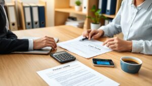 Two people sit at a desk with documents labeled "Loan Terms" and "Payday Loans," a calculator, a smartphone displaying a budget app, and coffee, as they discuss payday loan tips surrounded by office supplies.