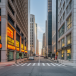 A city street lined with tall buildings, featuring large, brightly lit signs for payday loans and Texas banks on both sides. The street is empty, and the scene is captured at dusk with a clear sky visible above.