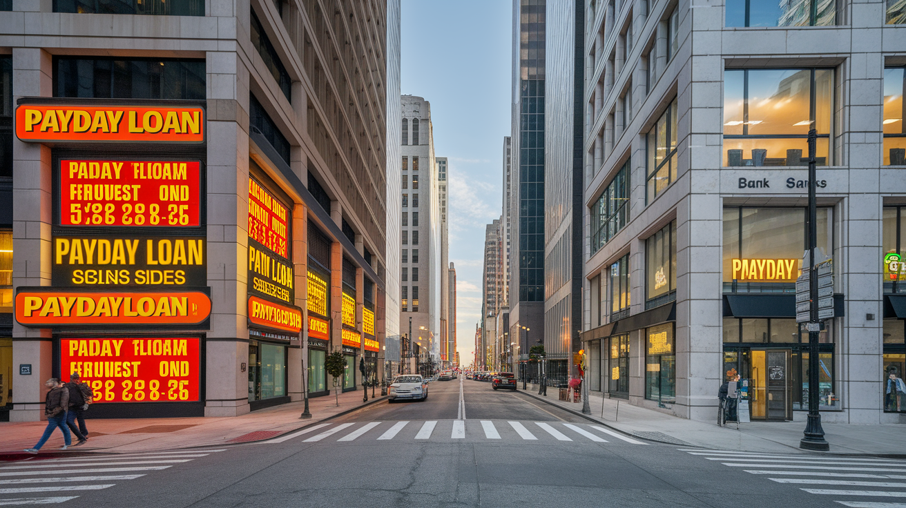 A city street lined with tall buildings, featuring large, brightly lit signs for payday loans and Texas banks on both sides. The street is empty, and the scene is captured at dusk with a clear sky visible above.