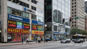 A city street scene shows storefronts offering payday loans with bright neon signs, highlighting the competition with Texas banks above. Cars and a bus share the road as pedestrians walk along sidewalks beside tall office buildings.