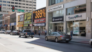 A city street with cars parked and driving alongside storefronts, including Payday Loans businesses and Texas Banks. Bright signs advertise high-interest rates and cash loans as pedestrians walk on the sidewalk near the buildings, highlighting strong competition.