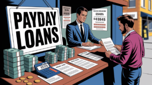 An illustration shows a man at a payday loan office, holding papers and speaking with an employee behind a counter with cash stacks, documents, and a calculator. Signs highlight high interest rates and key interest rate factors, with a bold "PAYDAY LOANS" banner.