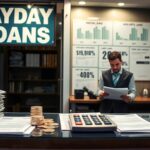A payday loan office with a large sign, paperwork, coins, and a calculator on the counter. A man in business attire stands behind the desk reading documents. Charts explain high interest rates and payday loans on the walls.