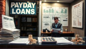 A payday loan office with a large sign, paperwork, coins, and a calculator on the counter. A man in business attire stands behind the desk reading documents. Charts explain high interest rates and payday loans on the walls.