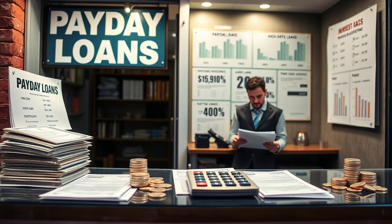 A payday loan office with a large sign, paperwork, coins, and a calculator on the counter. A man in business attire stands behind the desk reading documents. Charts explain high interest rates and payday loans on the walls.