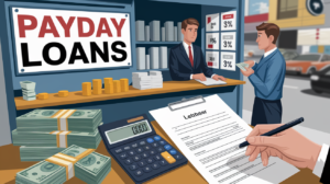 A person fills out a loan application at a payday loan office. The scene includes a large "Payday Loans" sign, stacks of cash, a calculator, coins, and signs highlighting high interest rates in the background.