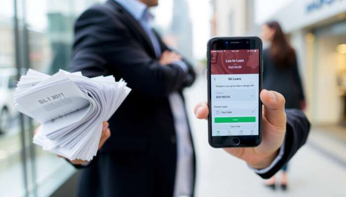 Stressed individual holding bills and smartphone loan application in a busy urban setting, illustrating financial urgency.