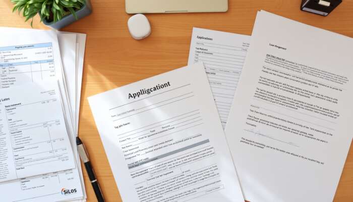 Flat lay of financial documents including pay stubs, bank statements, tax returns, and an employment verification letter, arranged on a wooden desk to illustrate the income verification process for loan applications.