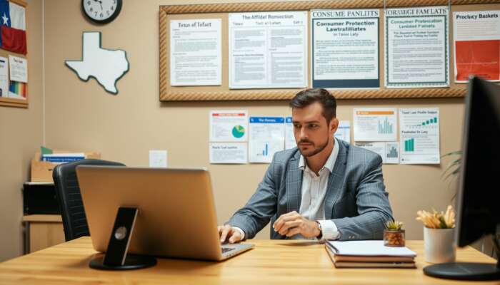 Affiliate marketer analyzing data on a laptop at a desk with Texas-themed decor and a bulletin board displaying consumer protection laws, illustrating the connection between borrowers and payday loan lenders in Texas.