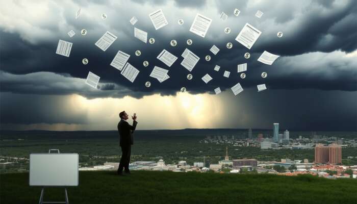 A silhouette of a worried business person in a Texas landscape, gazing at a stormy sky filled with swirling legal documents and dollar signs, symbolizing the challenges faced by payday loan affiliates amid market competition.