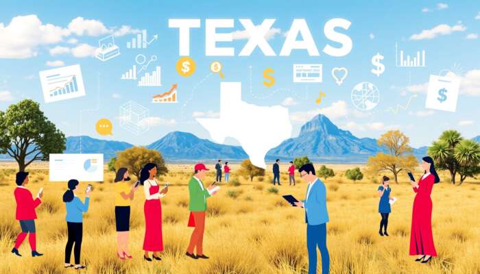A diverse group of people in a vibrant Texas landscape using digital devices, surrounded by symbols of financial growth and online marketing like graphs, charts, and dollar signs under a clear blue sky.