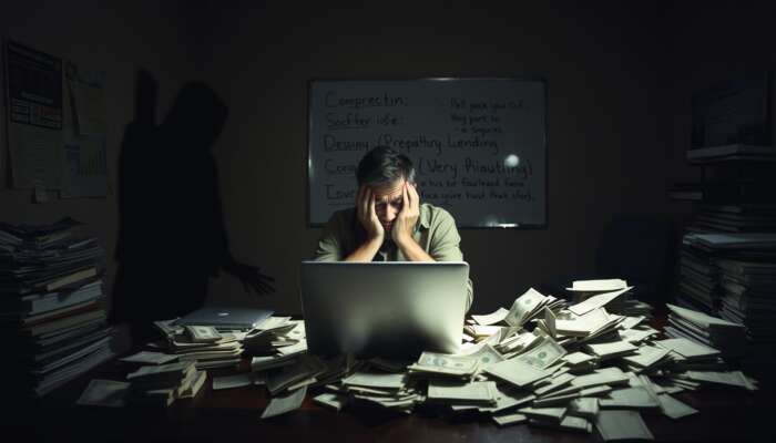 A worried individual sits at a cluttered table with bills and a laptop in a dimly lit room, representing the stress of financial struggles and the threat of predatory lending.