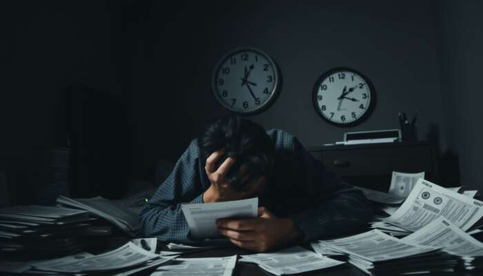 A distressed individual sits in a dimly lit room surrounded by bills and loan documents, illustrating the heavy burden of financial anxiety and the pressure of debt.
