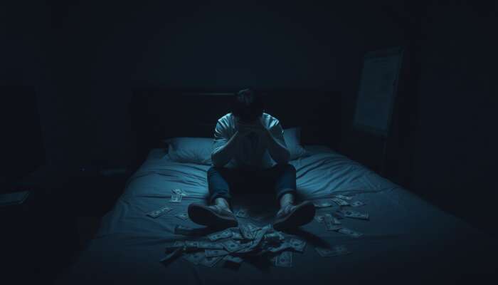 A worried individual sitting on the edge of a bed in a dark room, surrounded by scattered bills and a dimly lit phone showing job alerts, symbolizing financial insecurity and emotional distress.