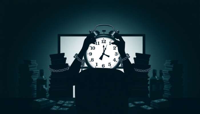 A figure at a dimly lit table surrounded by cash, with chains symbolizing debt on their wrists, anxiously watching a ticking clock, illustrating the pressure of payday loans.
