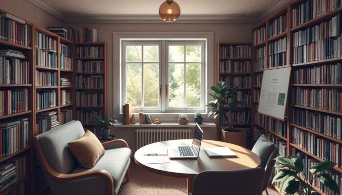 Cozy library with personal finance books, a reading nook, a laptop, and financial documents, overlooking a peaceful garden.