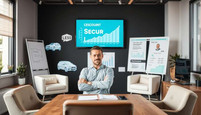 A confident individual discussing secured loans in a modern office, with visual representations of collateral like cars and savings accounts, and a chart illustrating lower interest rates and financial growth.