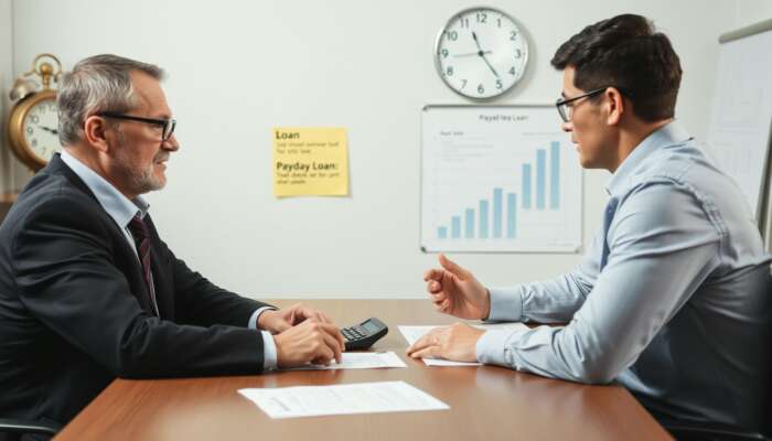 A borrower confidently negotiating a payday loan with a lender at a table, surrounded by loan documents, a calculator, and a clock, reflecting a tense but professional atmosphere.