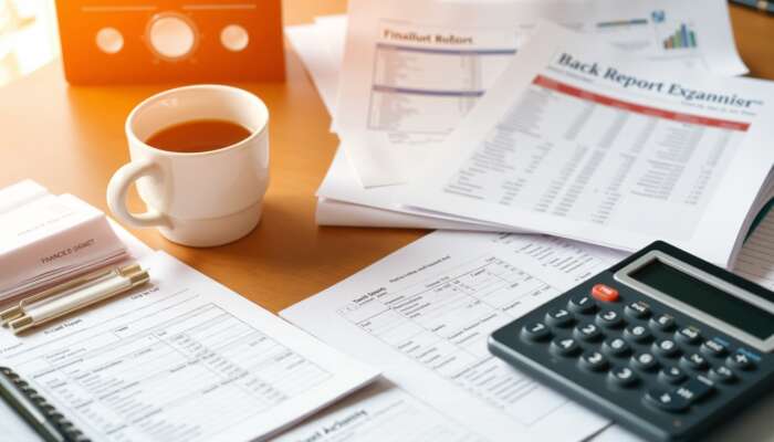 Close-up of an organized desk featuring financial documents like pay stubs, bank statements, a credit report, and a detailed budget spreadsheet, along with a calculator and a cup of coffee, all in warm natural light, symbolizing preparation for payday loan negotiations.
