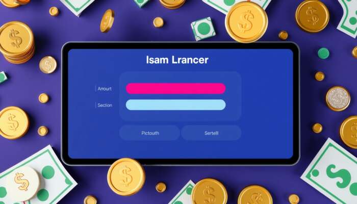 User-friendly payday loan calculator interface with sliders for amount and duration, surrounded by money flow visuals like coins and bills.