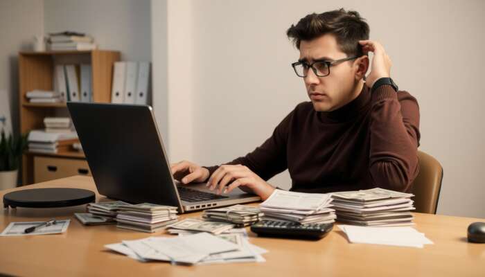Person at a desk applying for a payday loan on a laptop, surrounded by bills and a calculator, showing concern over financial stress.
