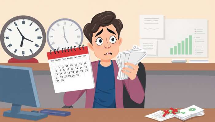 A worried person at a desk with bills, a calendar marked for payday, a clock ticking, and a small cash pile, representing the urgency of payday loans for financial relief.
