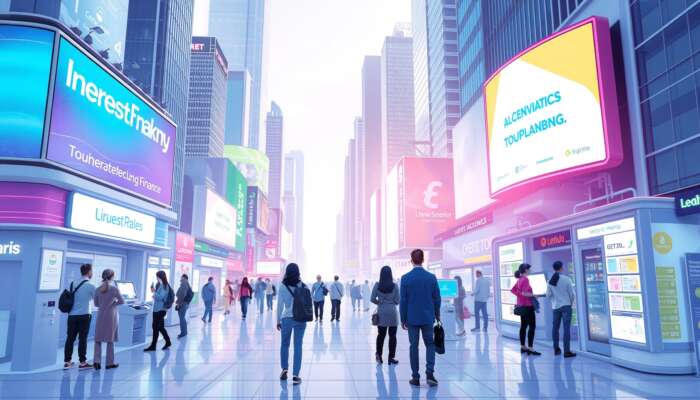 Futuristic cityscape showcasing digital billboards on interest rate caps, diverse consumers using automated lending kiosks, and a community-oriented environment with accessible financial resources.