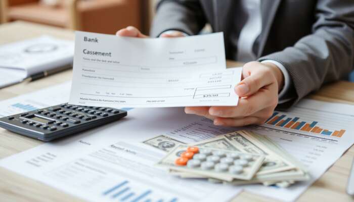 Person holding a paycheck and bank statement with a calculator and bills on a table, representing financial assessment and budgeting.