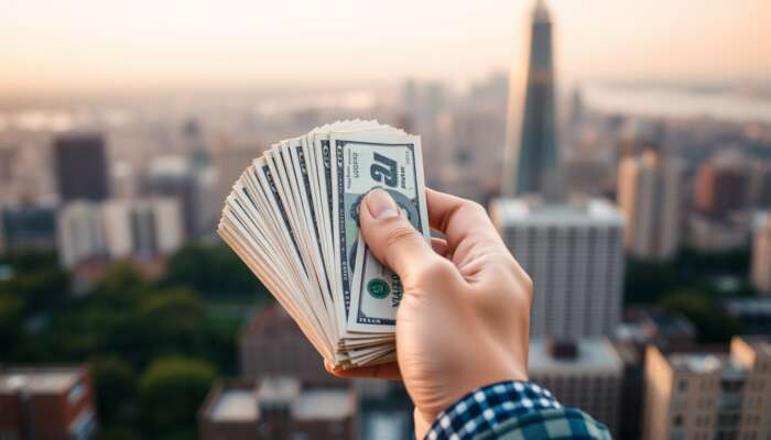 A hand holding a stack of cash against a blurred cityscape background, symbolizing urgent financial needs and quick access to short-term loans.