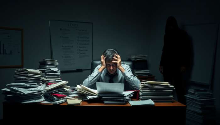 Worried individual at a cluttered desk with unpaid bills and loan documents, while a shadowy figure representing a lender looms in the background.