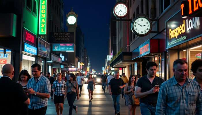 A busy Texas city street at dusk featuring neon-lit storefronts, including a payday loan shop, with diverse pedestrians reflecting urgency and financial tension.