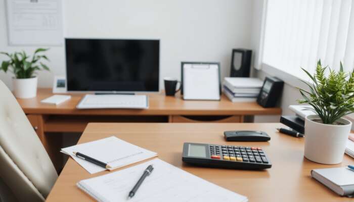 A financial advisor's office featuring a calculator, budget planner, and potted plant, representing responsible financial planning and safe borrowing practices.