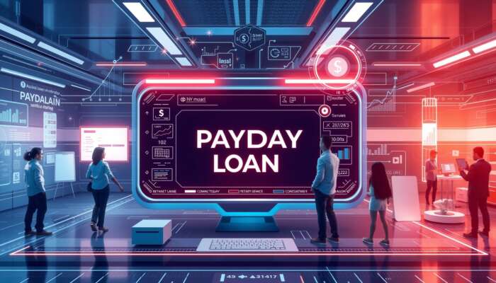 Futuristic digital landscape illustrating automated payday loan services with a user-friendly interface, diverse individuals engaging with technology, and symbols of speed and efficiency against a backdrop of financial growth and accessibility.
