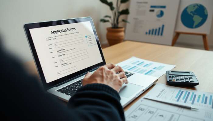 Person typing on a laptop with a digital payday loan application form on the screen, surrounded by financial documents and a calculator in a cozy home office.