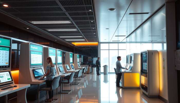 Futuristic payday loan office featuring automated kiosks and digital screens, showcasing a modern, streamlined loan process with customers engaging with technology.