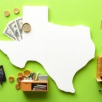 A white cutout of Texas is on a green background, surrounded by dollar bills, coins, a calculator, financial papers, a computer desk, and a bar chart, symbolizing cash management and business finances in Texas.