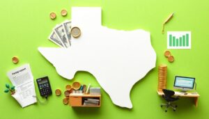 A white cutout of Texas is on a green background, surrounded by dollar bills, coins, a calculator, financial papers, a computer desk, and a bar chart, symbolizing cash management and business finances in Texas.