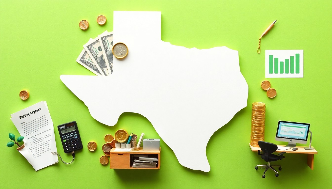 A white cutout of Texas is on a green background, surrounded by dollar bills, coins, a calculator, financial papers, a computer desk, and a bar chart, symbolizing cash management and business finances in Texas.