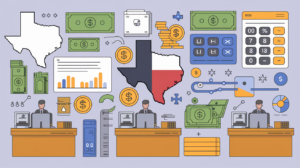 Illustration showing three people at desks surrounded by icons of Texas, money, calculators, graphs, and financial documents, highlighting business finance and cash management strategies in Texas.