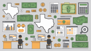 Illustration featuring Texas state outlines, money, calculators, graphs, coins, computers, and two people working at desks, representing business, finance, payday loans, cash management, and data analysis concepts related to Texas.