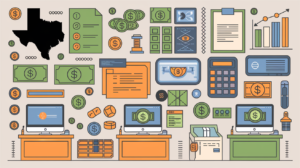 An illustration featuring office desks with computers, calculators, documents, money, coins, financial charts, and a Texas state silhouette, highlighting business or cash management operations in Texas.