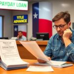 A man in glasses reads documents at a desk in a Texas payday loan office, with brochures, signage, and another person working in the background. Bright signs advertise payday loans, title advances, and solutions for payday loan complaints.
